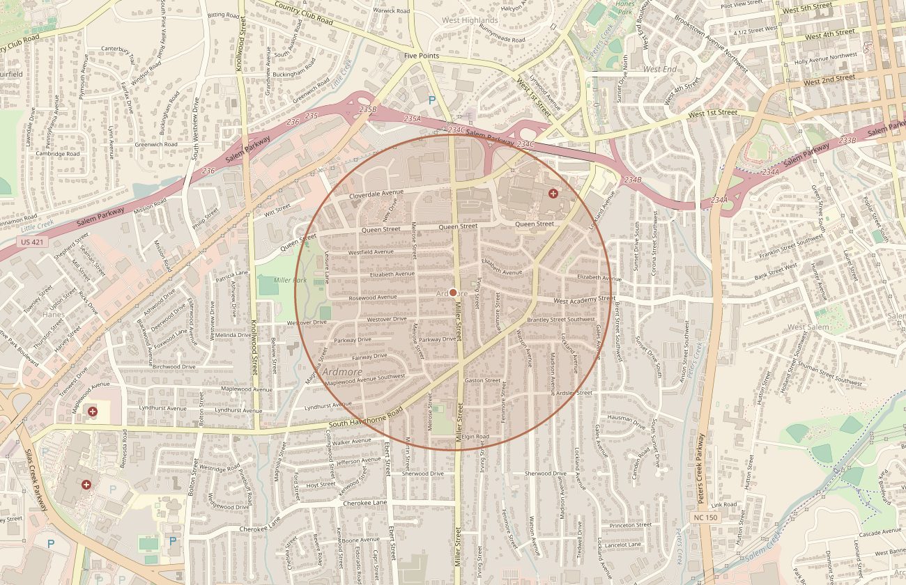 Map of Winston-Salem, North Carolina, with a circle marking the approximate area of Ardmore.