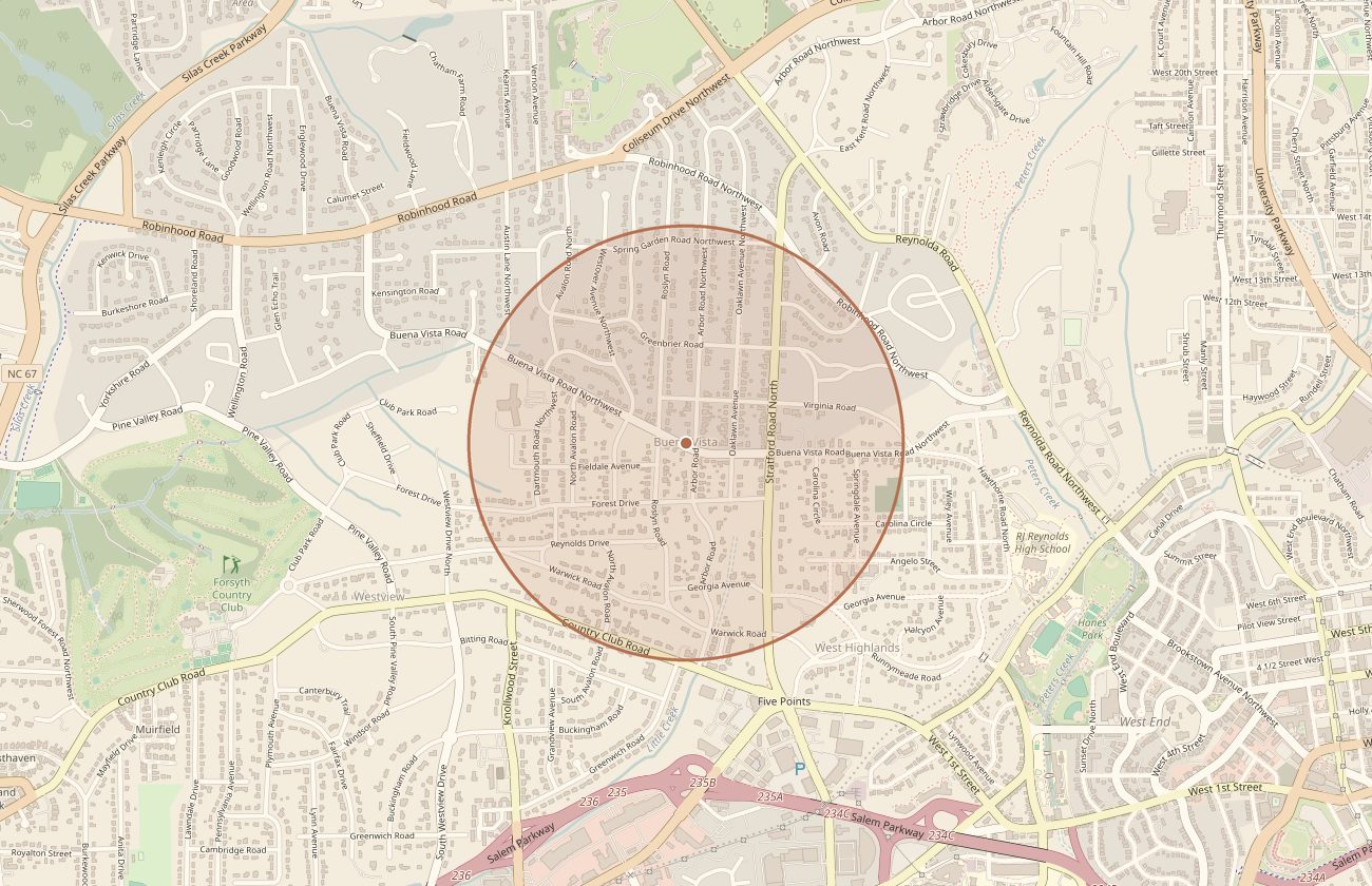 Map of Winston-Salem, North Carolina, with a circle marking the approximate area of Buena Vista.