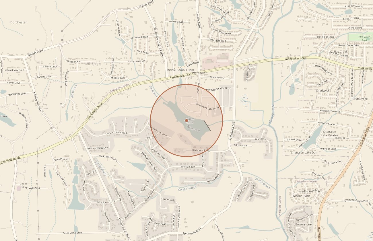 Map of Winston-Salem, North Carolina, with a circle marking the approximate area of Hanes Lake.
