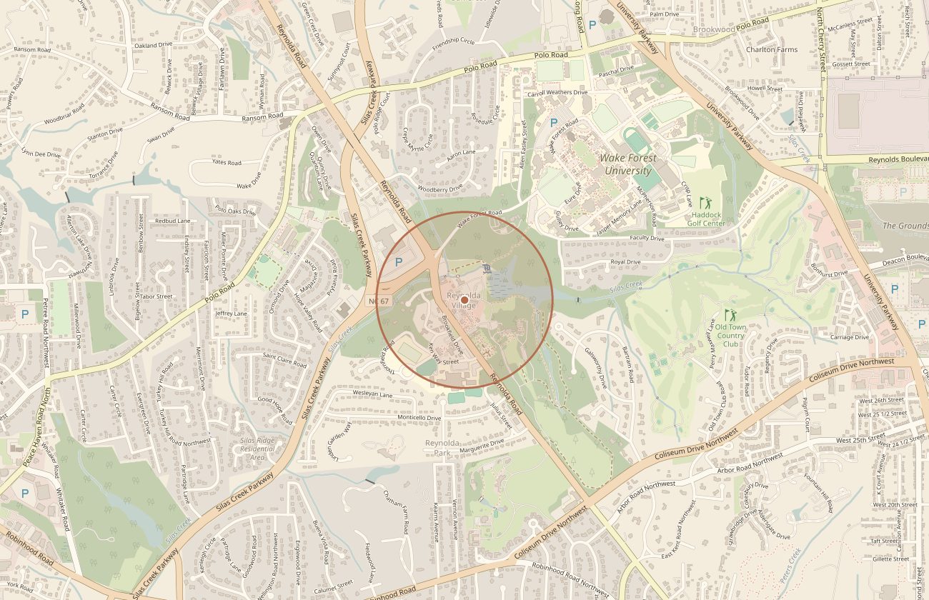 Map of Winston-Salem, North Carolina, with a circle marking the approximate area of Reynolda Village.