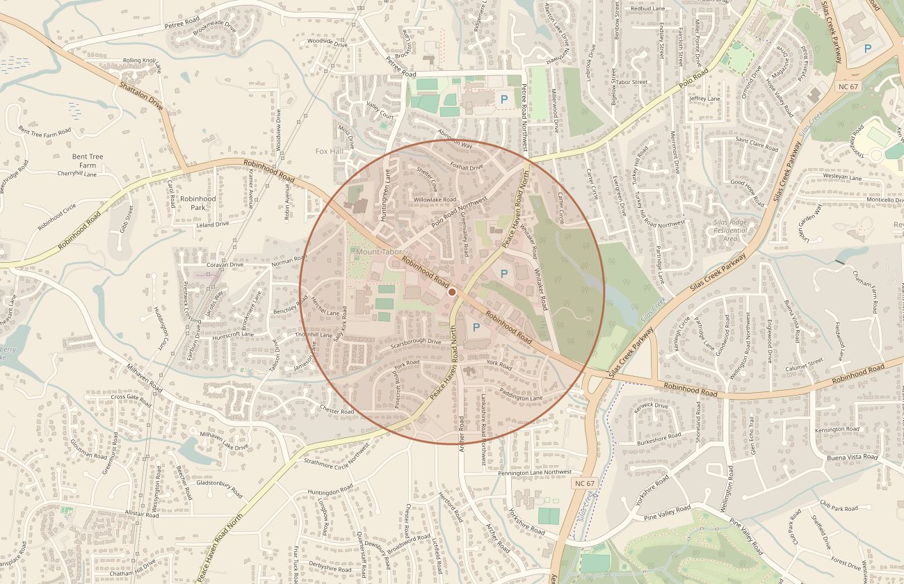 Map of Winston-Salem, North Carolina, with a circle marking the approximate area of Sherwood Forest.
