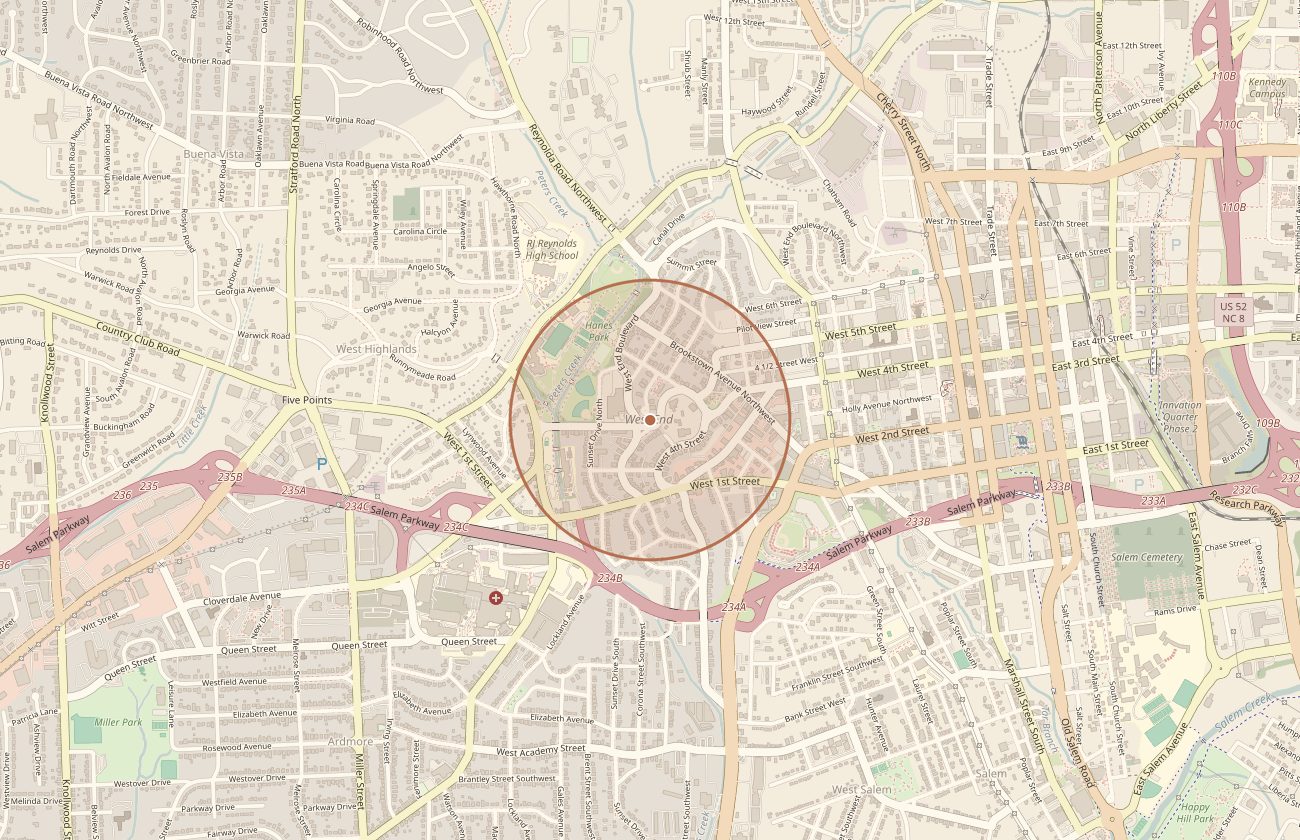 Map of Winston-Salem, North Carolina, with a circle marking the approximate area of West End.